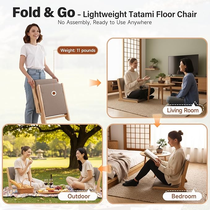 Tiita 2Pcs Floor Games Chair, Foldable Meditation Tatami Chairs, Backrest Chair with Cushion, Living Room Chair Seat, Wood Grey