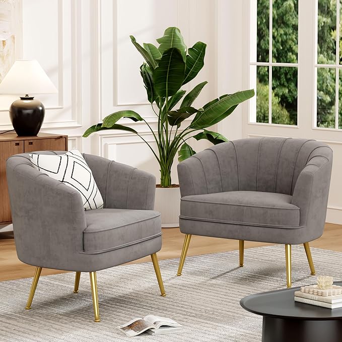 Andeworld Velvet Accent Chair Set of 2, Upholstered Modern Single Sofa Side Chair,Comfy Barrel Club Living Room Armchair with Golden Metal Legs for Bedroom Living Reading Room Office, Grey
