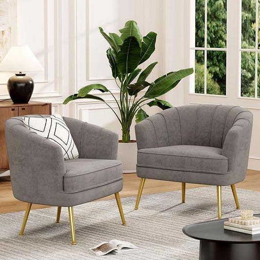 Andeworld Velvet Accent Chair Set of 2, Upholstered Modern Single Sofa Side Chair,Comfy Barrel Club Living Room Armchair with Golden Metal Legs for Bedroom Living Reading Room Office, Grey