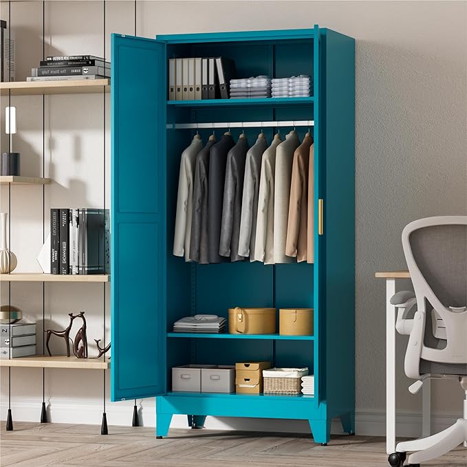 LCAOPC 71" Tall Metal Wardrobe Closet with Adjustable Shelves and Hanging Rod, 2 Doors Free Standing Armoire Wardrobe Cabinet for Bedroom, Office, Laundry Room, Blue