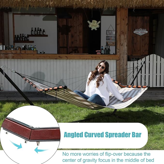 TegerDeger 12FT 2 Person Hammock Large Hammock Quick Dry 450LB Capacity with V Shaped Hardwood Spreader Bar & Nylon Rope for Outside, Patio, Garden, Backyard, Beach, Poolside - Beige Stripes - Image 3