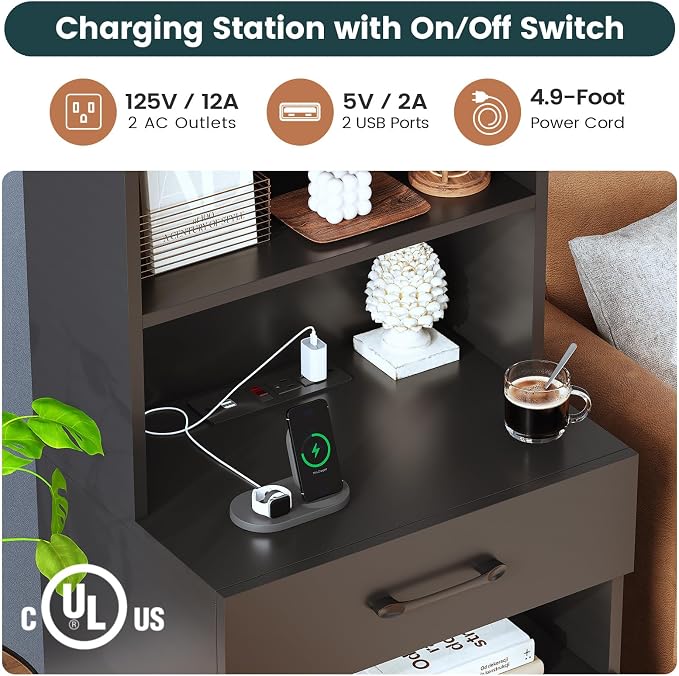 AOGLLATI Tall Night Stand Set of 2 with Charging Station and LED Lights, Black Nightstand with 3 Drawers and Adjustable Shelves, Modern Bedside Table with Bookshelf for Bedroom - Image 7