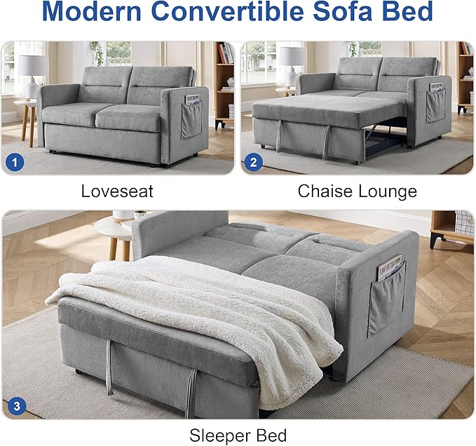 Loveseat Sleeper Sofa Bed, Pull Out Couch Comfortable Chenille Fabric, Adjustable Backrest, Resilient Sponge Cushions, Sturdy Wood Frame, Side Storage Pockets, Grey