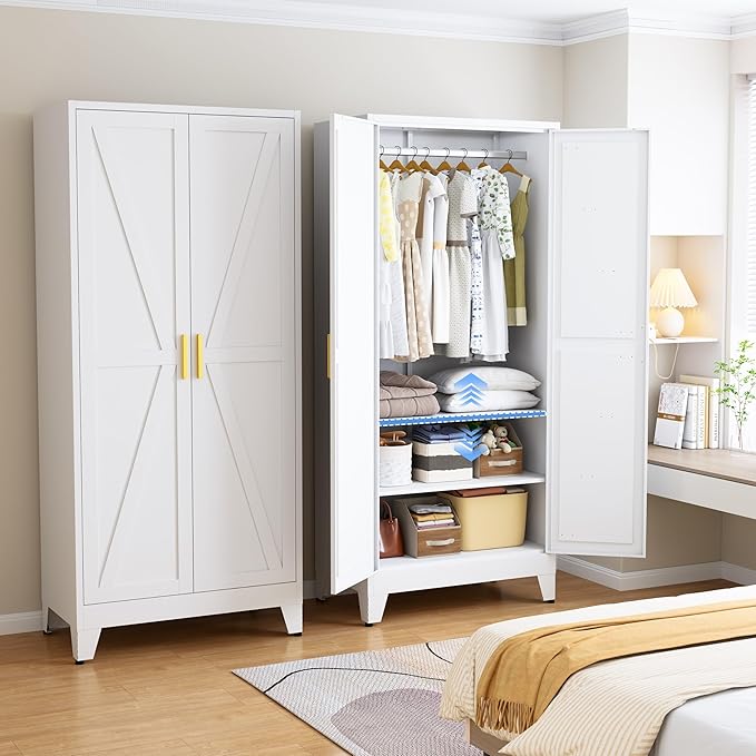 Metal Armoire Wardrobe Closet with Doors and Shelves, 71" Tall Metal Wardrobe Closet with Hanger Rod and Clothing Shelf, White Farmhouse Bedroom Armoire Steel Storage Cabinet for Bedroom