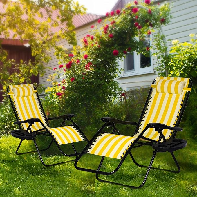 Nazhura Set of 2 Relaxing Recliners Patio Chairs Adjustable Steel Mesh Zero Gravity Lounge Chair Beach Chairs with Pillow and Cup Holder (Yellow Stripe) - Image 2