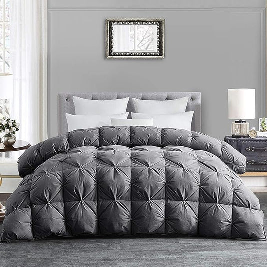 HOMBYS 120x98 Oversized King Feather and Down Comforter, Pinch Pleat Palatial King Duvet Insert with 100% Cotton Cover, Grey Fluffy Thick Comforter with Corner Tabs for All Season Warmth