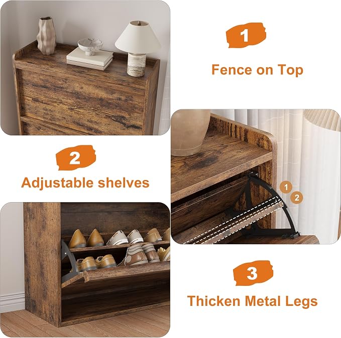 GarveeHome Shoe Cabinet with 3 Flip Drawers, Wooden Shoe Organizer Cabinet with Adjustable Shelf, Shoe Storage for Entryway, Hidden Shoe Cabinet for Hallway, Living Room, Rustic Brown - Image 5