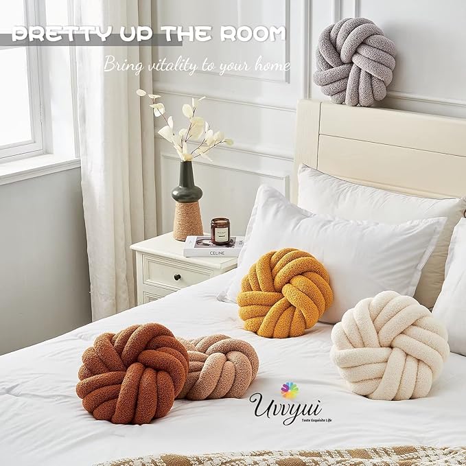Uvvyui Knot Pillows, 14 Inch Decorative Throw Pillows Round Pillows Cushion, Soft Handmade Knotted Ball Pillow Plush Cushion Home Decor for Bed Couch Living Room (Dark Yellow, 14 Inch)