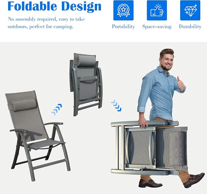 Domi Patio Folding Chairs Set of 2, Outdoor Reclining Chairs Set with Moveable Headrest, Aluminum Frame Outdoor Patio Portable Chairs with Adjustable High Backrest and Textilene Fabric Seat - Image 8