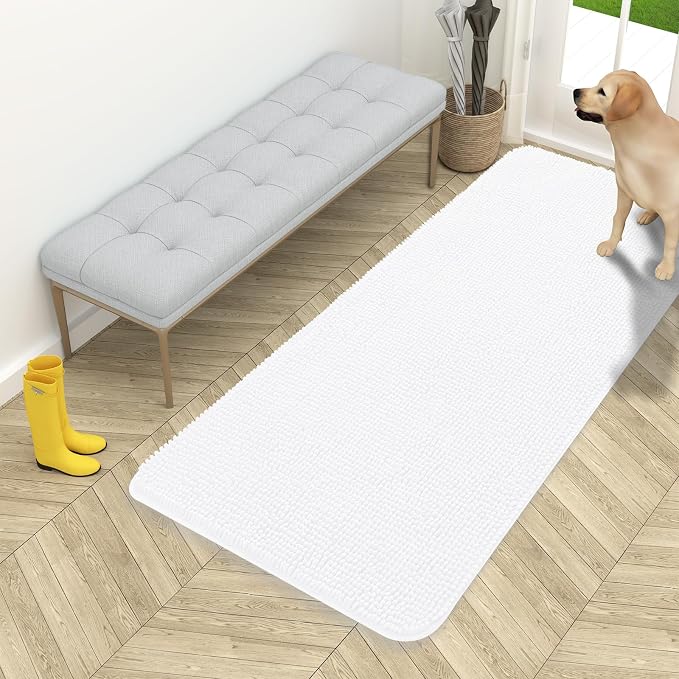 OLANLY Dog Door Mat for Muddy Paws 54x24, Absorbs Moisture and Dirt, Absorbent Non-Slip Washable Doormat, Quick Dry Chenille Mud Mat for Dogs, Entry Indoor Entryway Carpet for Inside Floor, White by OLANLY
