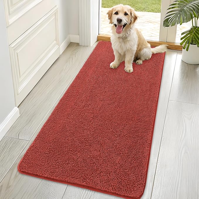 OLANLY Dog Door Mat for Muddy Paws 70x35, Absorbs Moisture and Dirt, Absorbent Non-Slip Washable Doormat, Quick Dry Chenille Mud Mat for Dogs, Entry Indoor Entryway Carpet for Inside Floor, Maple Red by OLANLY