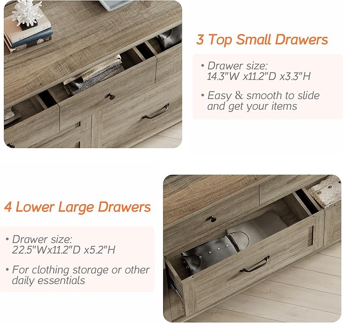 WAMPAT 2 Piece Bedroom Set - Includes 7 Drawer Dresser for Bedroom, Farmhouse Nightstand with Charging Station & Drawers, 2 Piece Dresser and Nightstand Sets, Grey