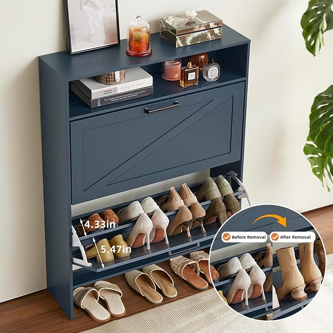 RWYHG Shoe Cabinet Storage for Entryway with 2 Flip Drawers Open Storage Layer Rack Narrow Organizer Slim Hidden Wood Shoe Cabinet Furniture Blue - Image 3