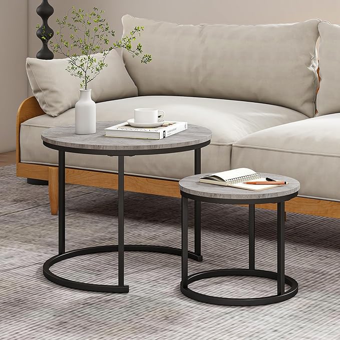 HOJINLINERO Round Coffee Table,Nesting Coffee Table Set of 2,Center Tables for Living Room,Office, Home Small Space,Stacking Side Tables,Sturdy and Easy Assembly,Wood Desktop,Black+Grey,Small