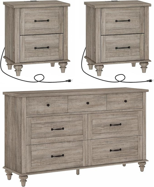 WAMPAT 3 Piece Bedroom Set - Includes Bedroom 7 Drawer Dresser, Set of 2 Nightstands with Charging Station & Drawers, 3 Piece Dresser and Nightstand Sets, Grey