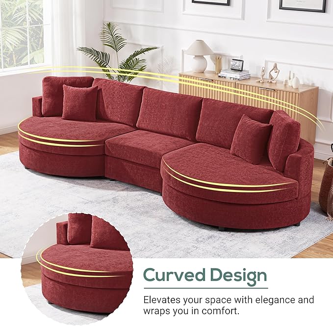 Merax 129 inches 3-Seater Curved Chenille Sofa, Modern Upholstered Living Room Couch with Thick Cushions, Includes 2 Throw Pillows, Easy Assembly, Red