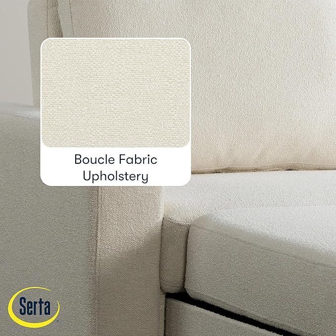 Serta Tulsa 66.1" Convertible Sleeper Loveseat, Full Size, Dreamcoil Comfort, FingerGuard Pinch Point Protection, Boucle Fabric, Ivory