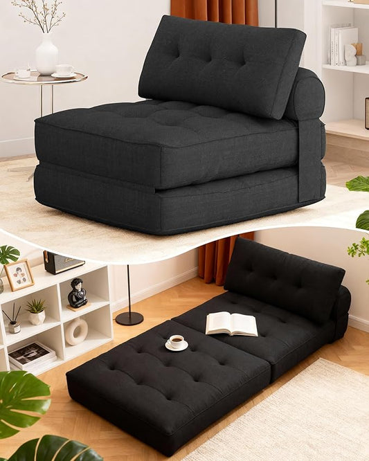 KINGYES Folding Chair Bed, 3 in 1 Convertible Sleeper Chair with Pillow, Foldable Futon Chair for Living Room, Black