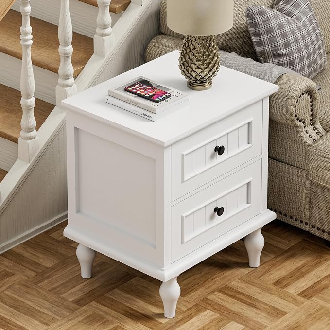Scurrty Vintage Nightstand, Antique Style End Table with 2 Drawers, Taller Nightstand for Bedroom, Side Table for Bedroom (White, Single) - Image 5