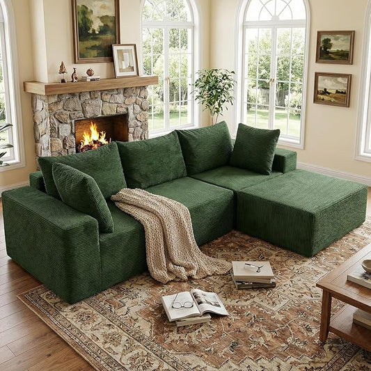 INGEROOM 108" Cloud Sectional Couch with L-Shape Chaise, Modular Sofa Memory Foam, Boneless Sofa with Movable Ottoman, Plush Corduroy Memory Foam Couch for Living Room, No Assembly, Forest Green
