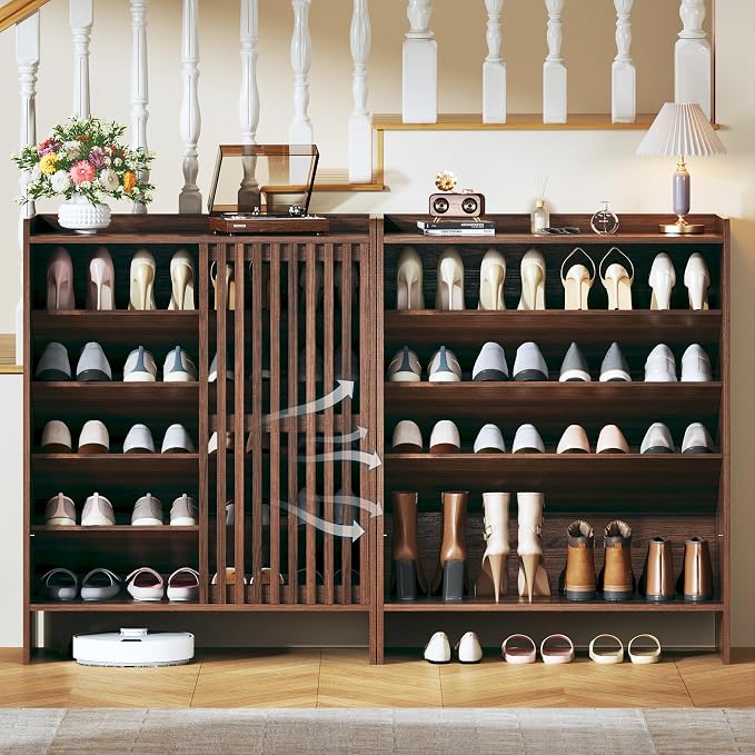 HUAHUU 5-Tier Shoe Cabinet with Sliding Shutter Doors, Wooden Shoe Storage Cabinet with Adjustable Shelf, Modern Freestanding Shoe Organizer Cabinet for Entryway, Hallway - Image 6