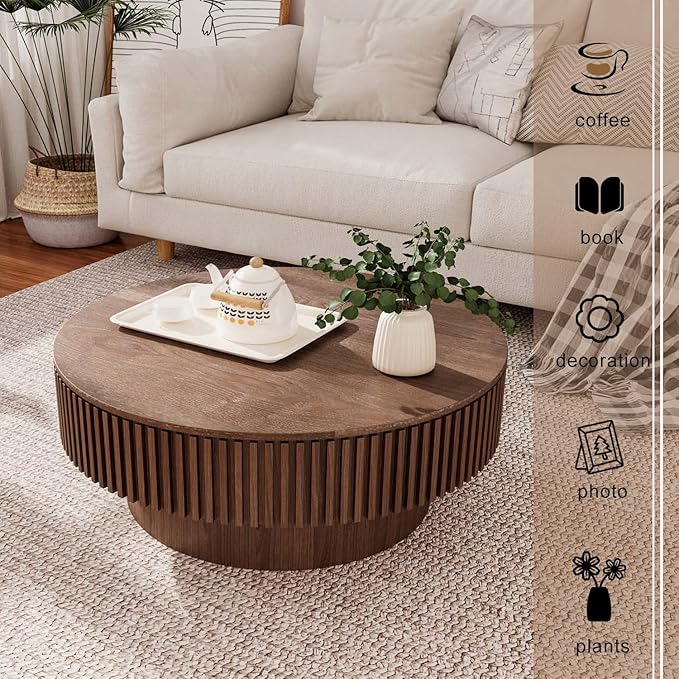 Round Coffee Table with Storage, Modern Wooden Coffee Table with Solid Wood Veneered, Circle Center Table Accent Tea Table for Living Room Apartment Small Space (31.5''L × 31.5''W × 14''H, Walnut)