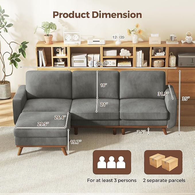 97" Dark Gray Corduroy Modular Sectional Sofa, L-Shaped Couch with Movable Ottoman & Spring Cushion, Deep Seat Modular Sofa for Living Room Bedroom Apartment