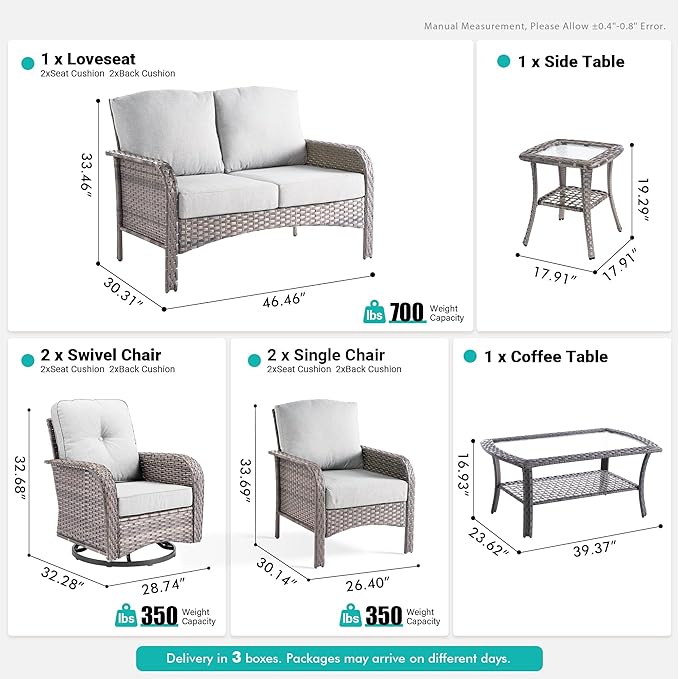 7 PCS Patio Outdoor Furniture Set with Swivel Rocking Chairs,All Weather Wicker Rattan Patio Seating Sofa and Chairs Set,Outdoor Conversaiton Sets for Deck Yard Prrch Garden Poolside,Grey