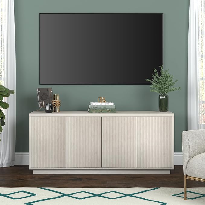 Henn&Hart Fluted TV Stand for TVs up to 65" with 2 Concealed Ribbed Storage Cabinets and Adjustable Shelves for Living Room, Family Room, or Office, Beech White - Image 2