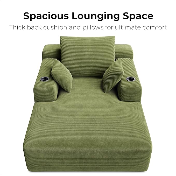LIKIMIO 71.6" Oversized Chaise Lounge Chair Indoor, Corduroy Cloud Couch with 2 Cup Holders & Storage Pockets, No Assembly 2-in-1 Sleeper Sofa Bed, Deep Seat Reading Chair for Living Room (Green) | Chaise Lounge Indoor, OEKO‑TEX corduroy, Cup holders|s...