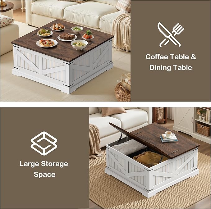 Farmhouse Coffee Table with Storage, 32" Square Wood Center Table with Dual Flip-Top Lids, Hidden Storage Compartment and Arc Base for Living Room