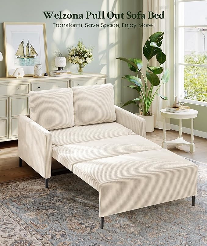 47.2" Convertible Sofa Bed Couch, Comfy Corduroy Couch Bed, All in 1 Loveseat Sleeper Sofa, Love Seat Sleeper Bed 2 Pillows, Modern Couches for Living Room/Apartment/Home/Office, Cream White