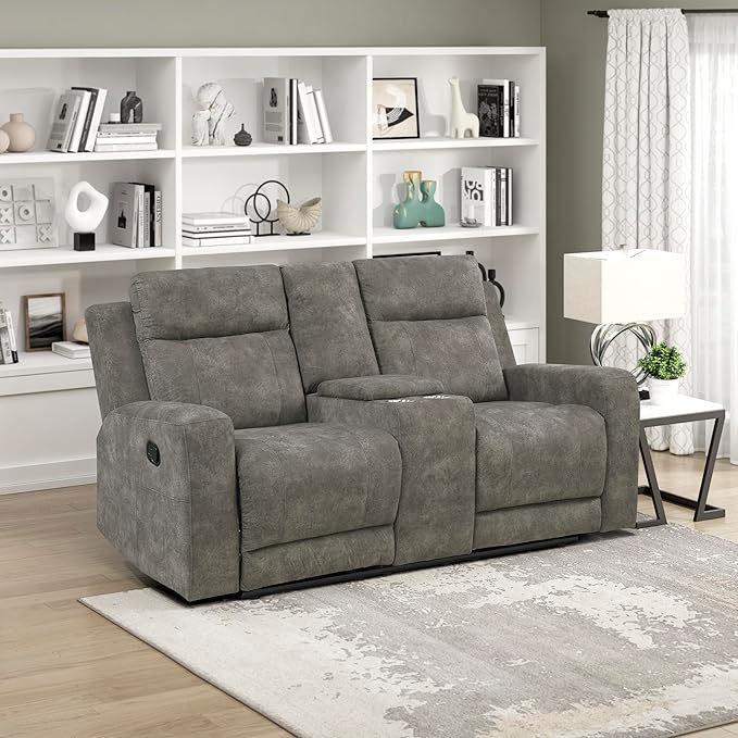 Lexicon Manual Double Reclining Loveseat, Textured Microfiber Manual Wall Hugger Loveseat Recliner for Living Room, Center Storage Console/Cup Holders/Track Arm, Easy Assembly, Brown