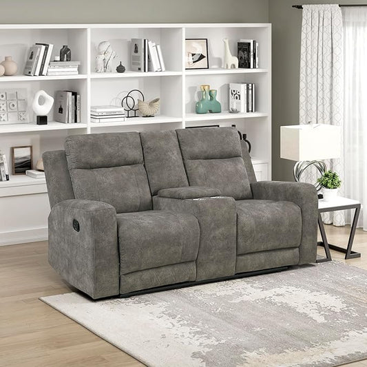 Lexicon Manual Double Reclining Loveseat, Textured Microfiber Manual Wall Hugger Loveseat Recliner for Living Room, Center Storage Console/Cup Holders/Track Arm, Easy Assembly, Brown
