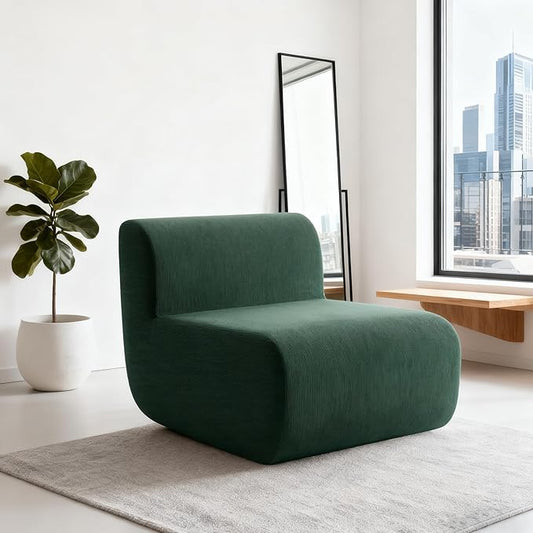 Boneless Couch 26" Single Sofa, 1 Seater Corduroy Couch, No Assembly Modern Compression Sofa in Box, Floor Sofa with Ergonomic Design for Living Room, Dark Green