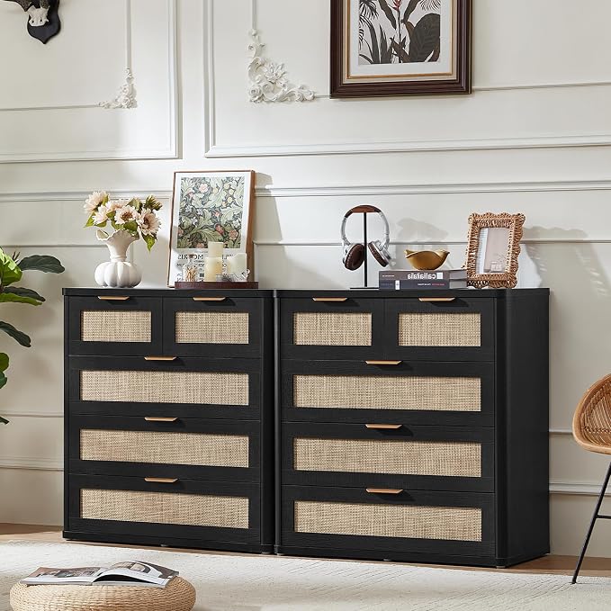 LEYAOYAO Rattan Dresser for Bedroom Set of 2, 33.5" Tall Chest of Drawers, Modern 5 Drawers Boho Dressers with Storage, Light Oak Dresser Wooden Closet Organizer for Living Room, Hallway, Black - Image 3