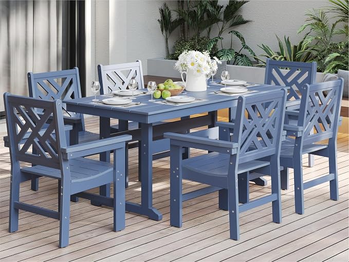 7-Piece Outdoor Dining Set, HDPE All-Weather Patio Table and Chairs Set for 6, Outdoor Patio Furniture Sets with Umbrella Hole for Outside, Deck, Backyard, Garden (Navy Blue) by BIVODA