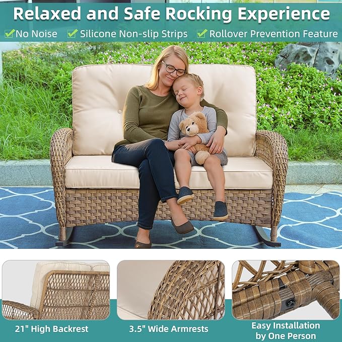 MEETWARM Outdoor Wicker Loveseat Rocking Chair, Loveseat for 2 Person Porch Furniture Rocker with Glass-Top Coffee Table, All-Weather Rattan Patio Rocking Bench with Thickened Cushions, Brown