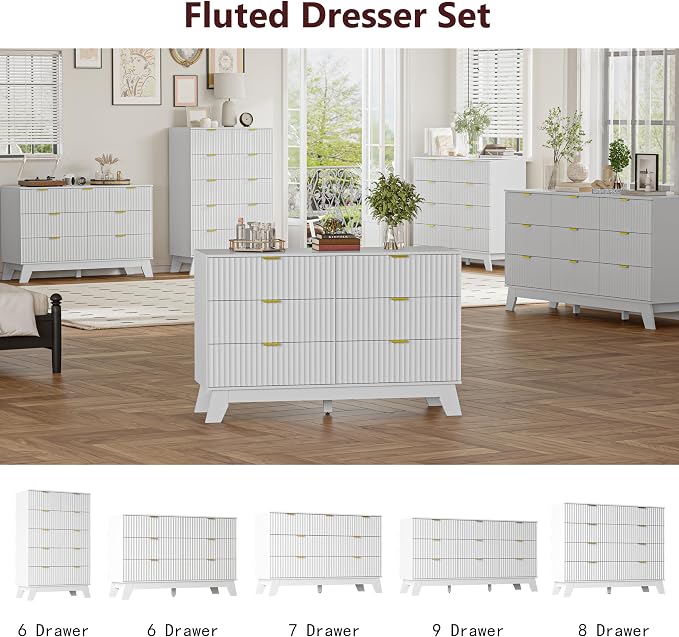 Nightstand with 3 Large Drawers,24" Wide End Table with Curved Metal Handles,Fluted Wood Small Dresser,Bedside Table,Modern Chest of Drawers for Bedroom,Living Room, White - Image 9