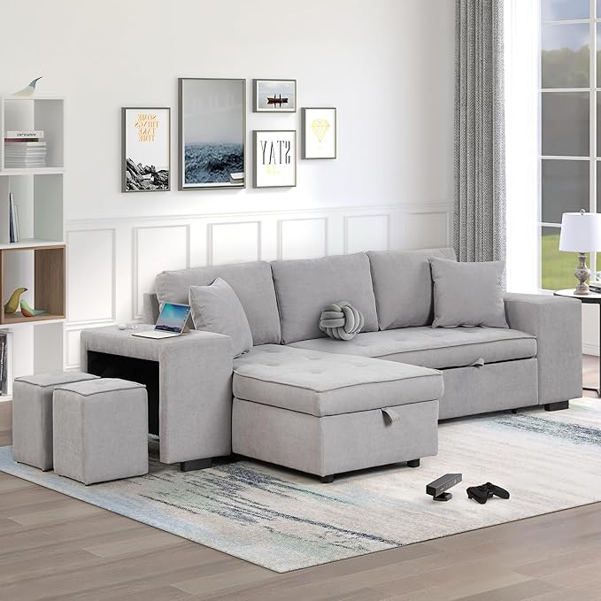 104.5 inch Reversible Sleeper Sectional Sofa with Pull Out Bed , Convertible L Shaped Sectional Couch with Storage Chaise and 2 Stools , Tufted Upholstered Pullout Sofa Bed for Living Room Apartment