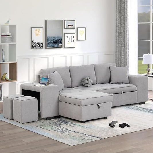 104.5 inch Reversible Sleeper Sectional Sofa with Pull Out Bed , Convertible L Shaped Sectional Couch with Storage Chaise and 2 Stools , Tufted Upholstered Pullout Sofa Bed for Living Room Apartment