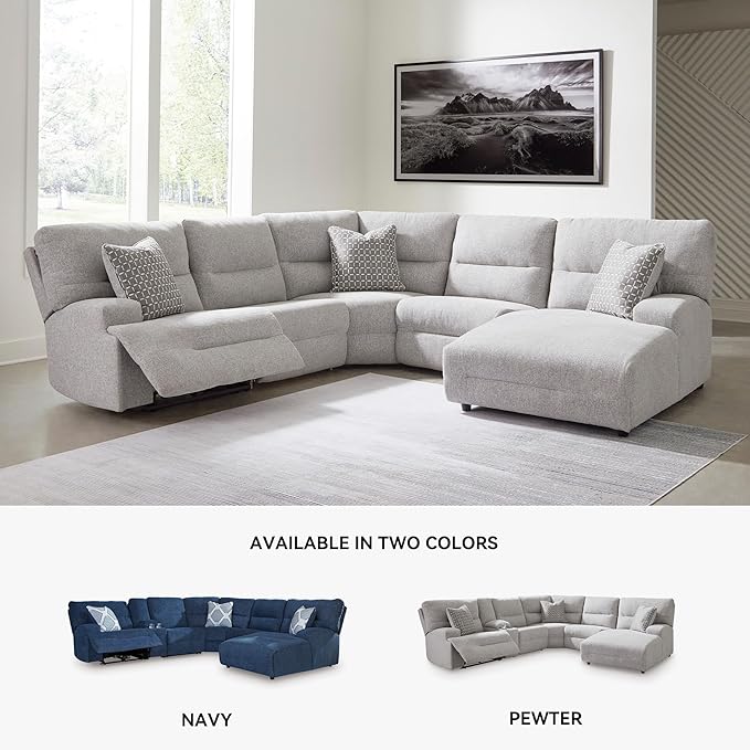Signature Design by Ashley Acklen Place Modern U-Shaped Modular Stain-Resistant 6-Piece Power Reclining Sectional with Chaise, Adjustable Headrest, USB Charging Ports and Console, Light Gray