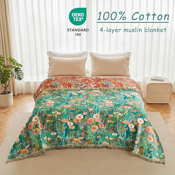 Boho Throw Blanket - 50"x60" 100% Cotton Ultra Soft Lightweight Spring Blanket, 4-Layer Breathable Muslin Blankets for Bed Couch, Reversible Green Floral Printed Bohemian Cotton Quilt