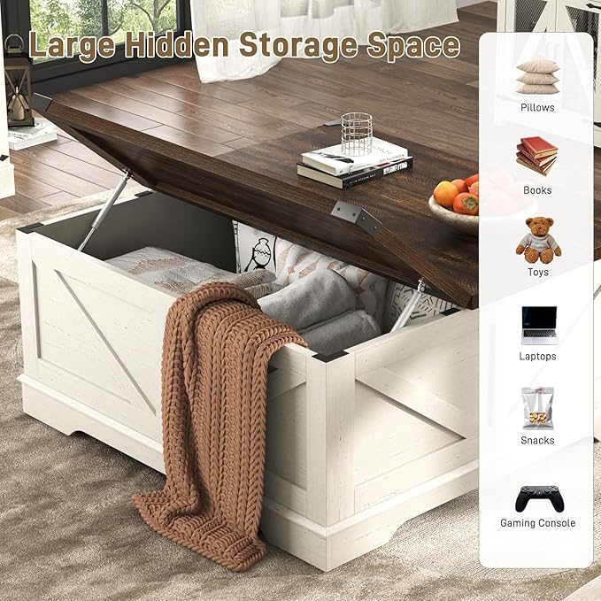 40” Large Farmhouse Lift Top Coffee Table with Power Outlets and Large Hidden Storage, Square Wood Living Room Tables, Multi-Function Lift Wooden Barn Door Center Table, Rustic White