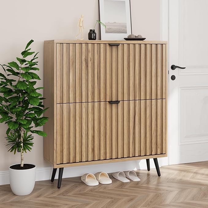 Smuxee Shoe Cabinet with 2 Flip Drawers, 31.5" Natural Hidden Shoe Storage Cabinet with Fluted Design, Freestanding Shoe Organizer Cabinet for Entryway, Hallway, Closet, Living Room by Smuxee