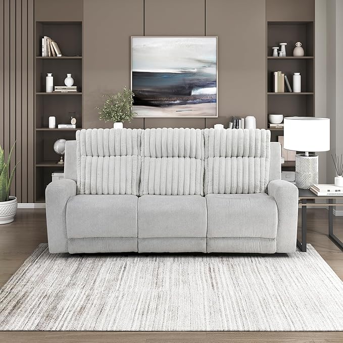 Lexicon Modern Double Recliner Couch, Manual Wall Hugger Textured Microfiber Reclining Sofa, Plush Corduroy Channel Seat Back, Manual Recliner Sofa, Light Gray