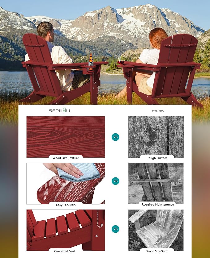 SERWALL Adirondack Chair with Cup Holders - Composite Adirondack Chairs HDPE Outdoor Chairs All Weather Use- Dark Red - Image 5
