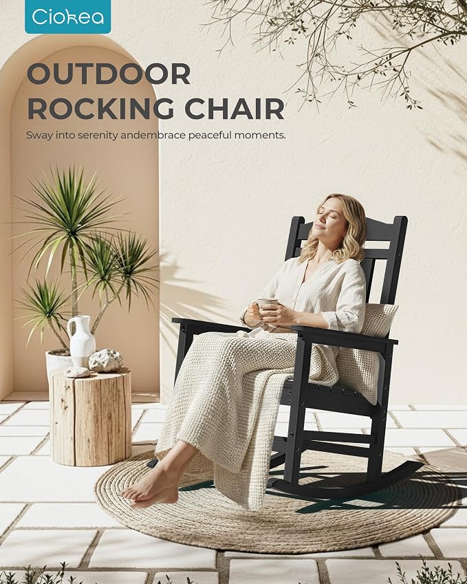 Ciokea Oversized Outdoor Rocking Chairs Set of 2, 380lbs Heavy-Duty Large Patio Rocker, High Back Cozy Porch Chairs, Weather Resistant Patio Rocking Chairs for Outside, Fire Pit, Deck, Black - Image 8
