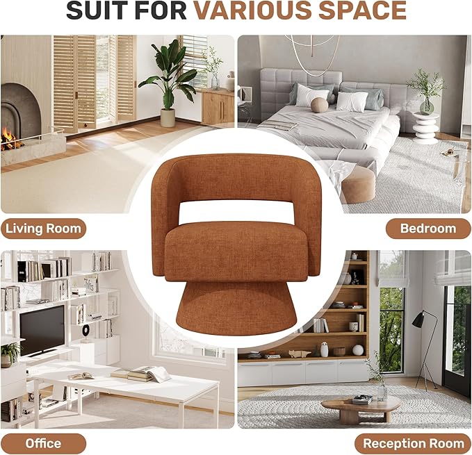 Nebuaegis Swivel Accent Chair, Modern Comfy Chenille Barrel Chairs, Oversized Upholstered Round Arm Chair for Living Room, Bedroom, Reading Room, Caramel, 1 PCS