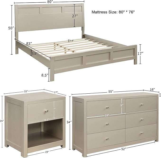 SOFTSEA 3-Piece Bedroom Sets Featuring Modern Style Platform Bed, Matching Nightstands and Dresser, Solid Wood Bedroom Furniture Set (King)